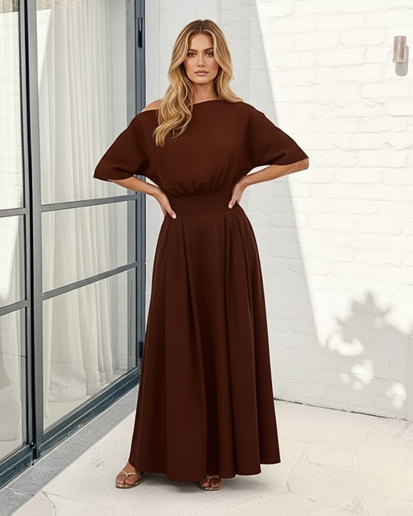 Emmanuelle Dress - Brown | Women's Boat Neck Cotton Maxi Dress