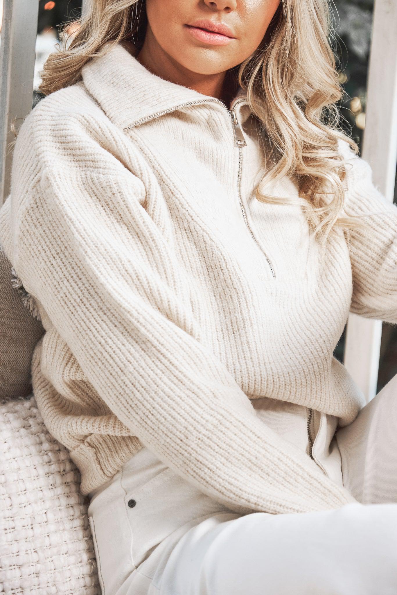 Merete Knit - Beige | Women's High Collar Knit Jumper