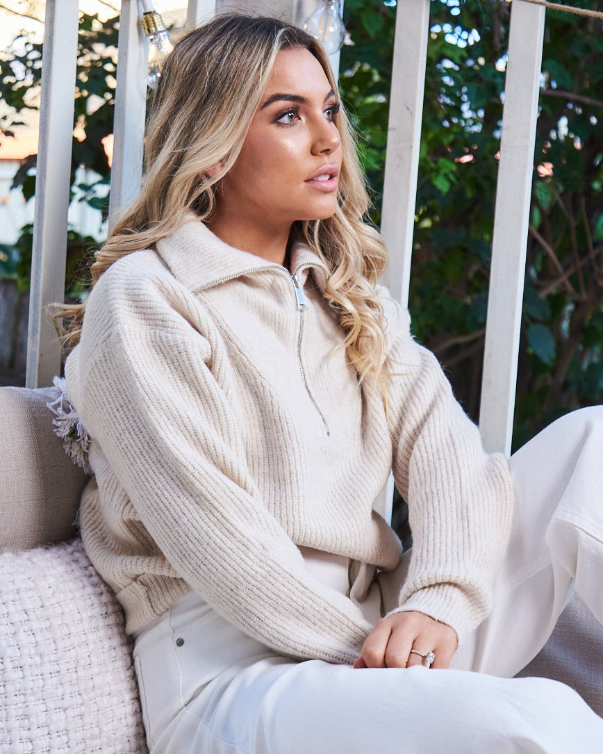 Merete Knit - Beige | Women's High Collar Knit Jumper