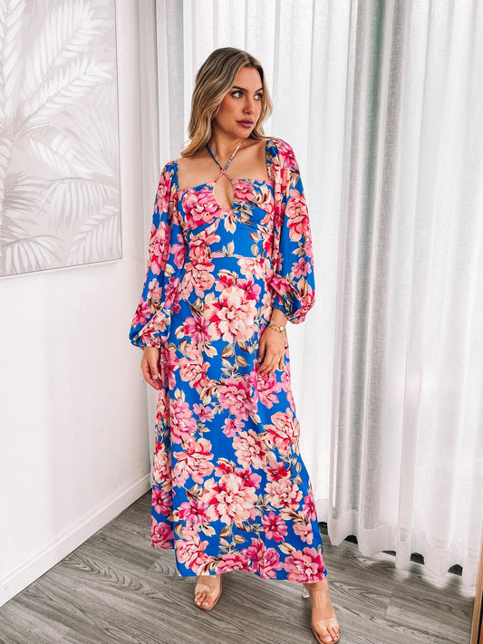 Ezmeralda Cobalt Blossom Dress | Women's Printed Midaxi Dress