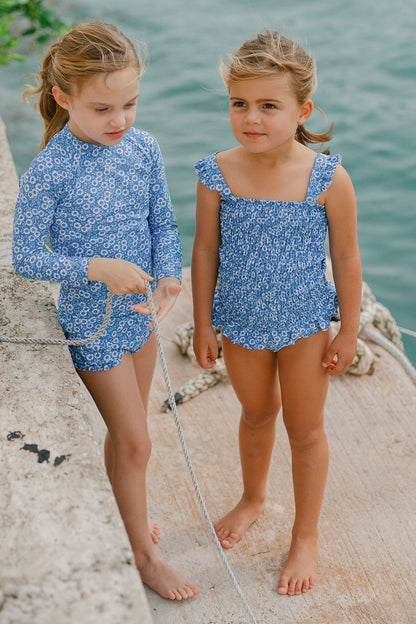 Blue Floral Smocked One Piece with Ruffle Skirt