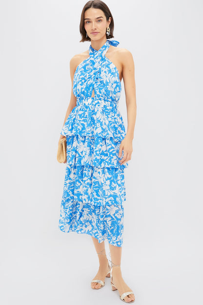 Blue & White Floral Halter Neck Jenny Midi Dress