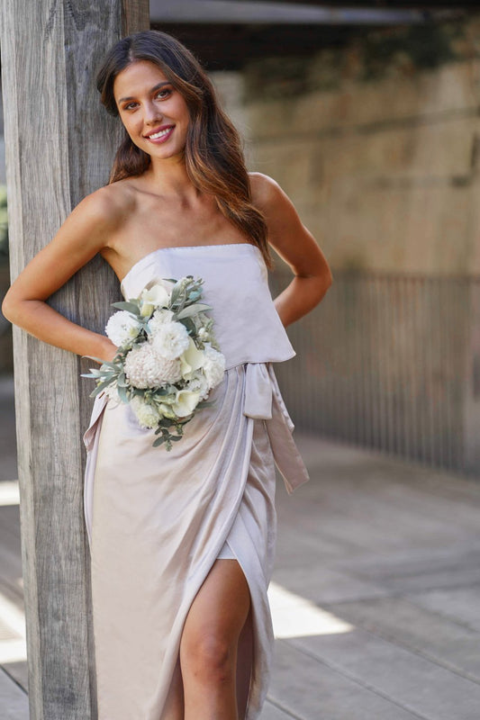Fleur Champagne Dress | Women's Strapless Midi Dress