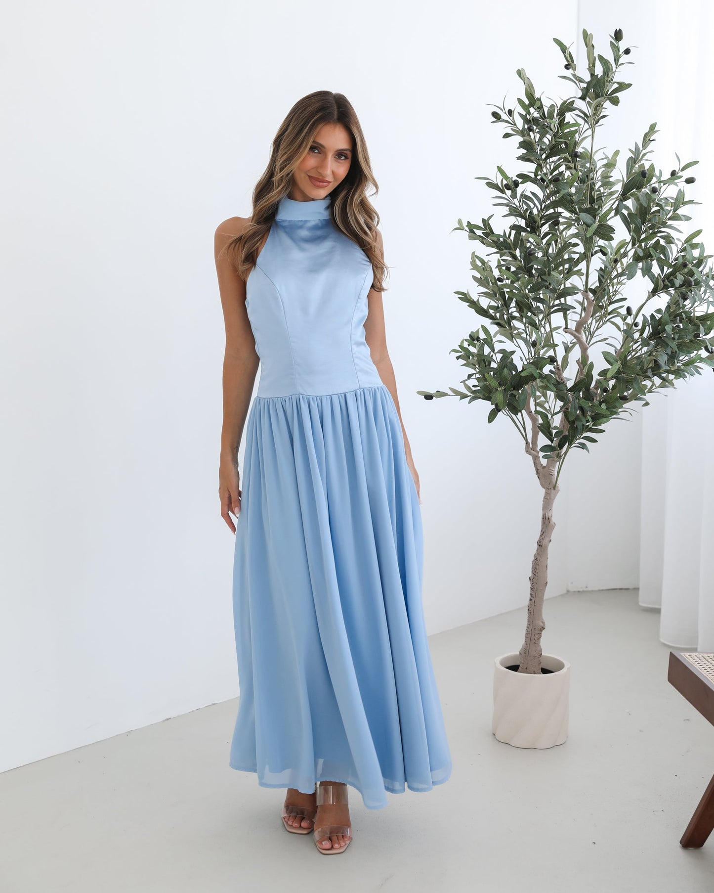 Francille Blue Dress | Women's Satin Halter Maxi Dress