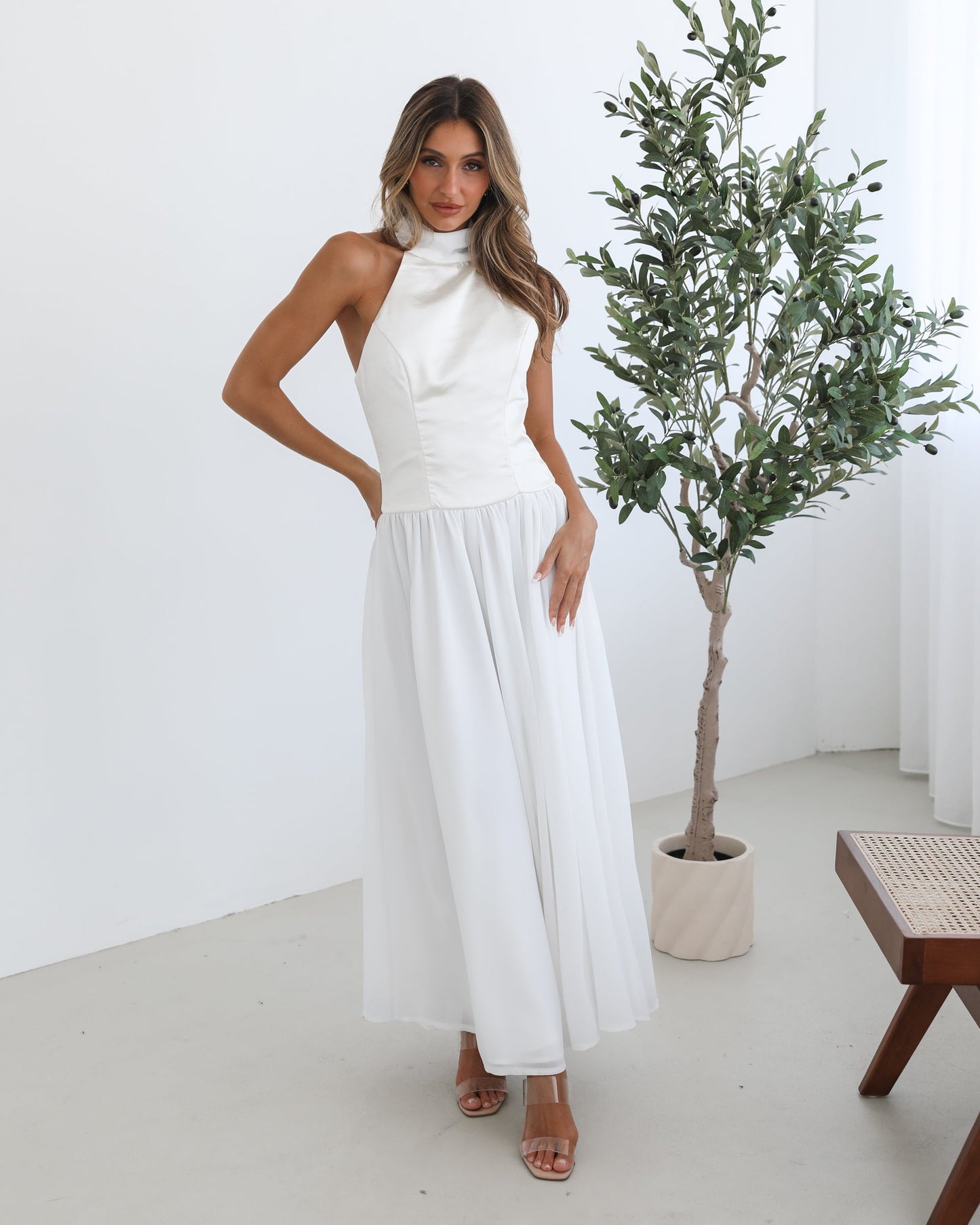 Francille White Dress | Women's Satin Halter Maxi Dress