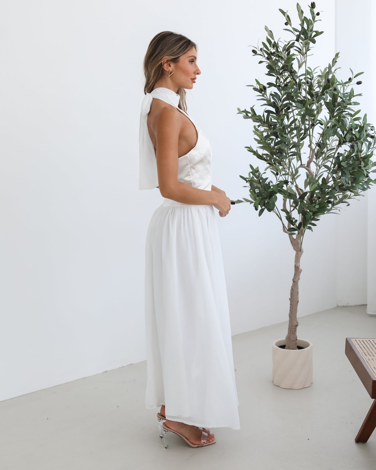Francille White Dress | Women's Satin Halter Maxi Dress