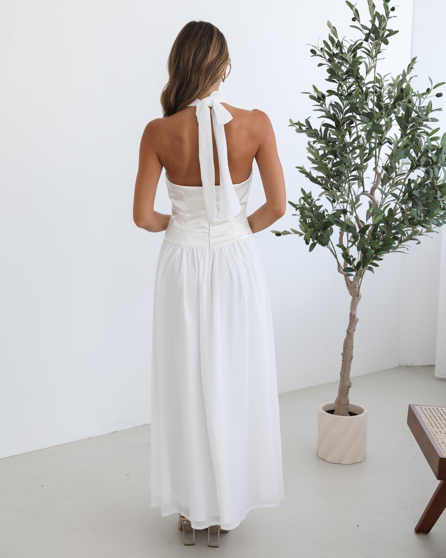 Francille White Dress | Women's Satin Halter Maxi Dress