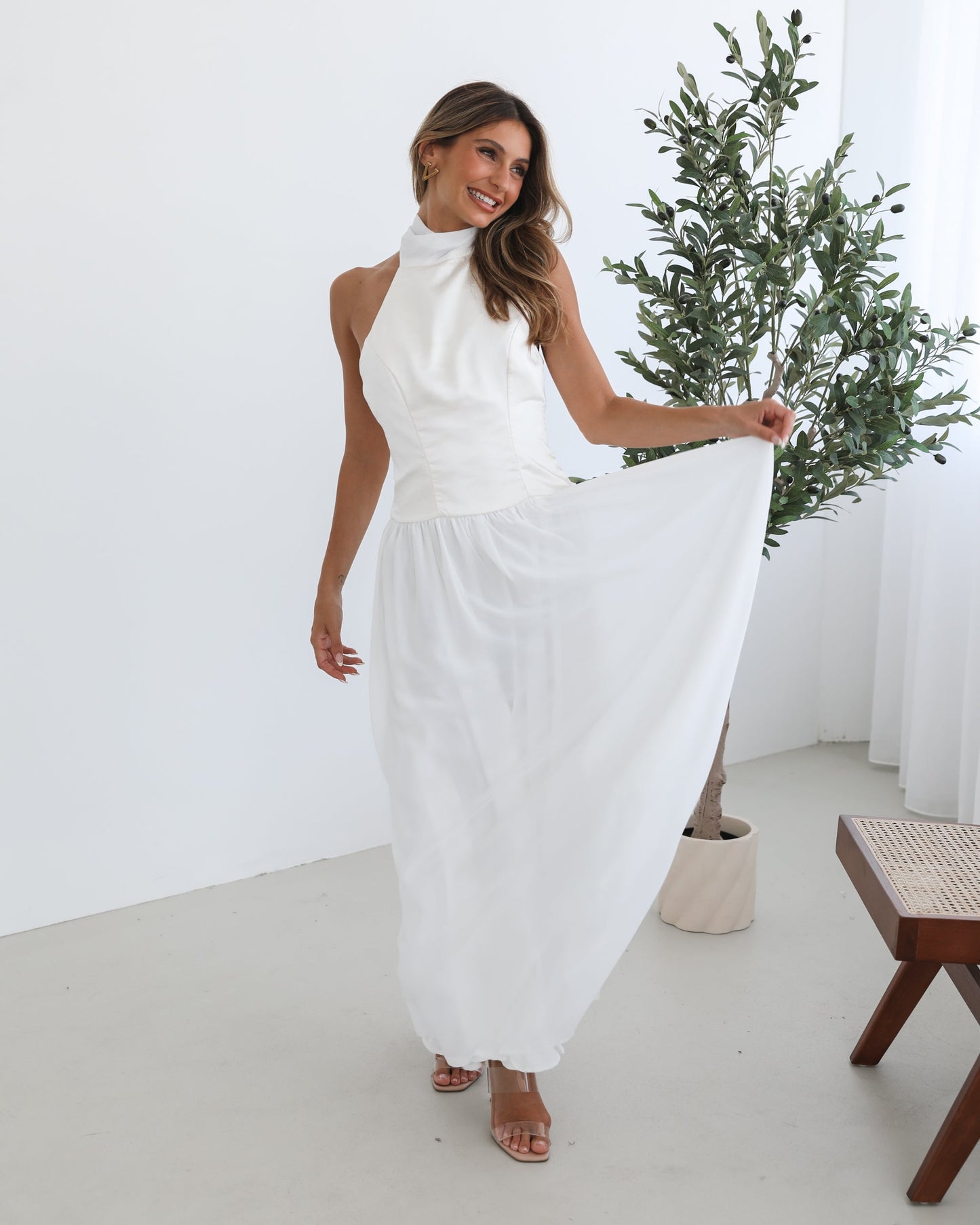 Francille White Dress | Women's Satin Halter Maxi Dress