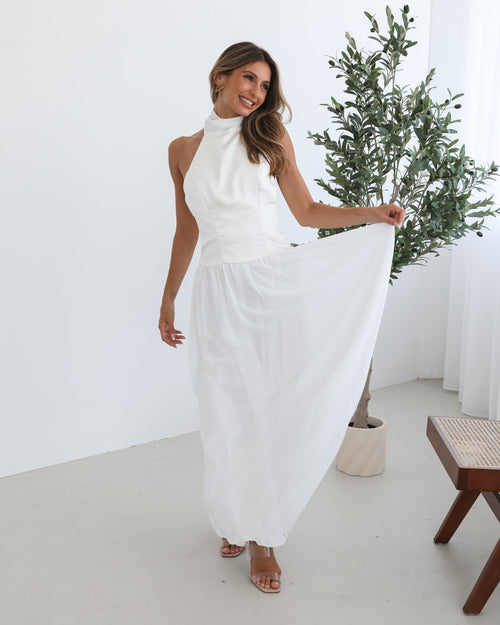 Francille White Dress | Women's Satin Halter Maxi Dress