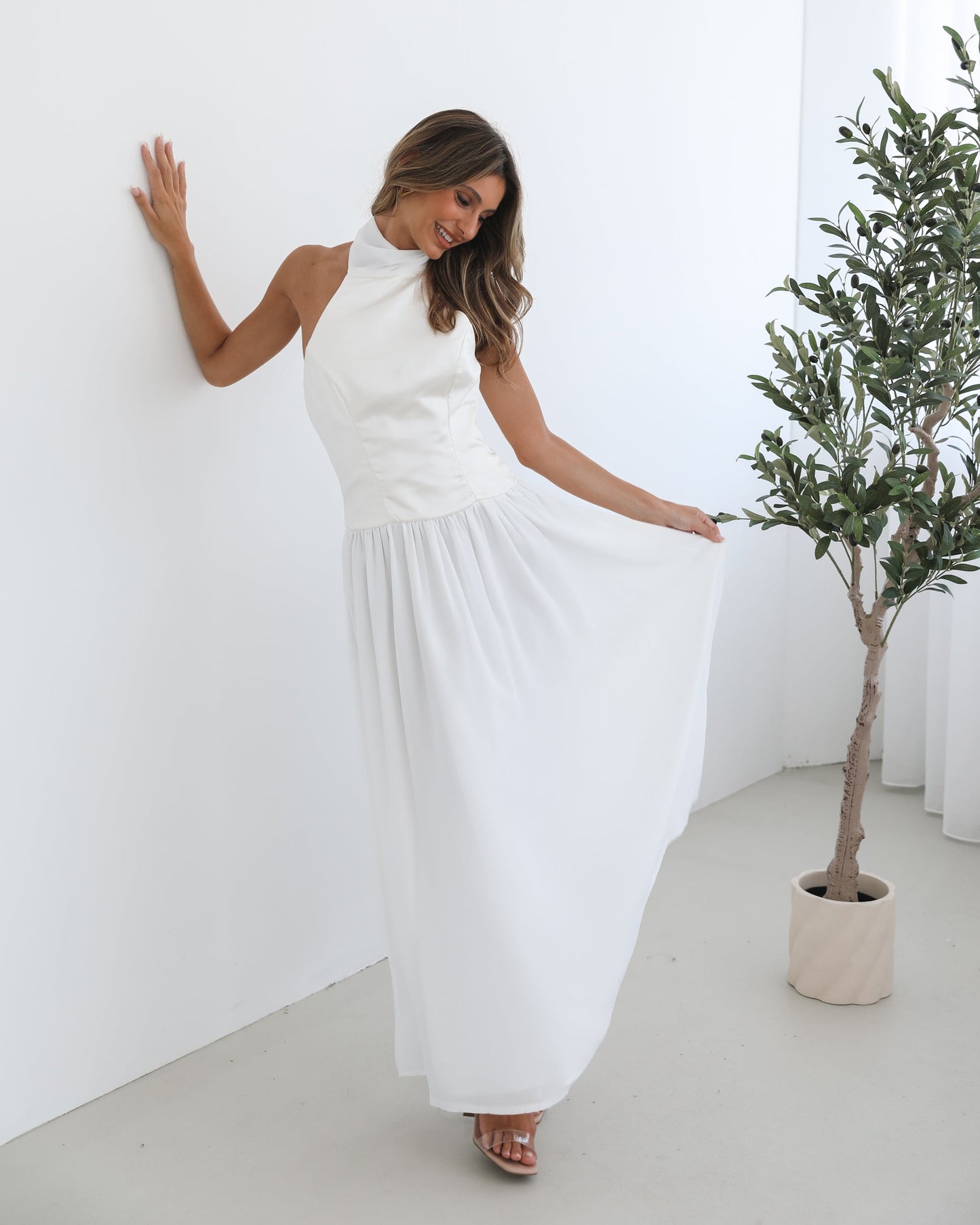 Francille White Dress | Women's Satin Halter Maxi Dress