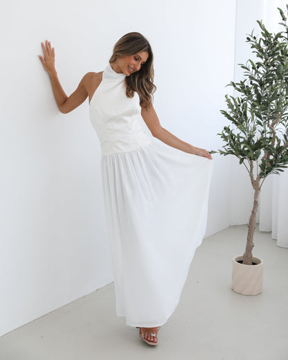 Francille White Dress | Women's Satin Halter Maxi Dress
