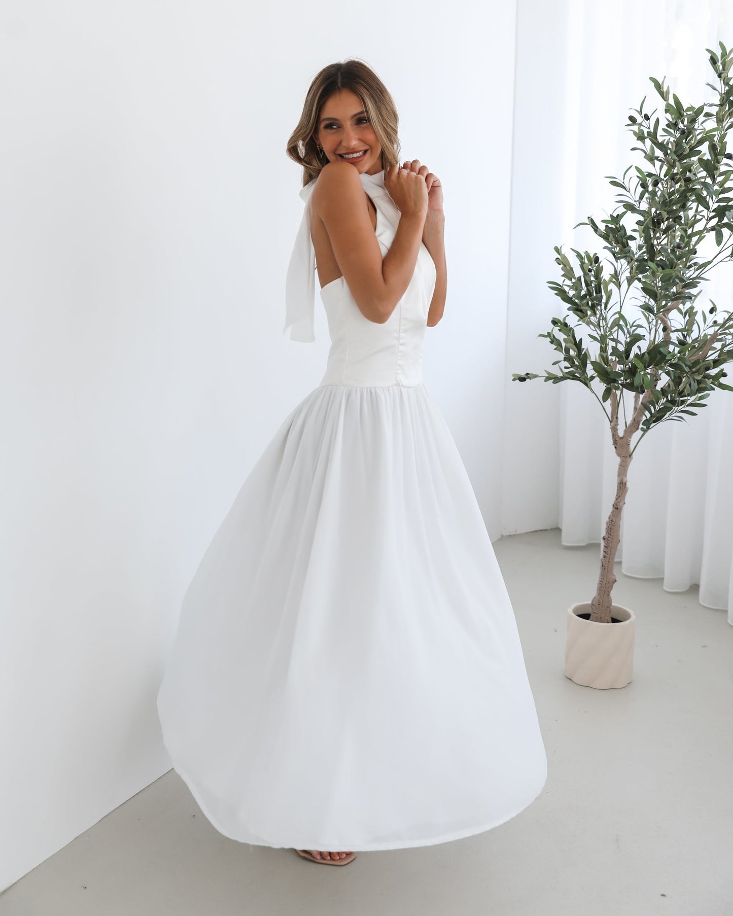 Francille White Dress | Women's Satin Halter Maxi Dress