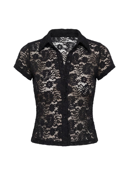 Daveney Lace Short Sleeve Collared Top Black