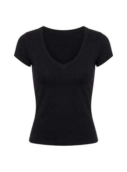 Daily Define Deep V Short Sleeve Top Black