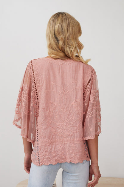 Gabrielle Top Pink | Women's Lace Embroidery Blouse