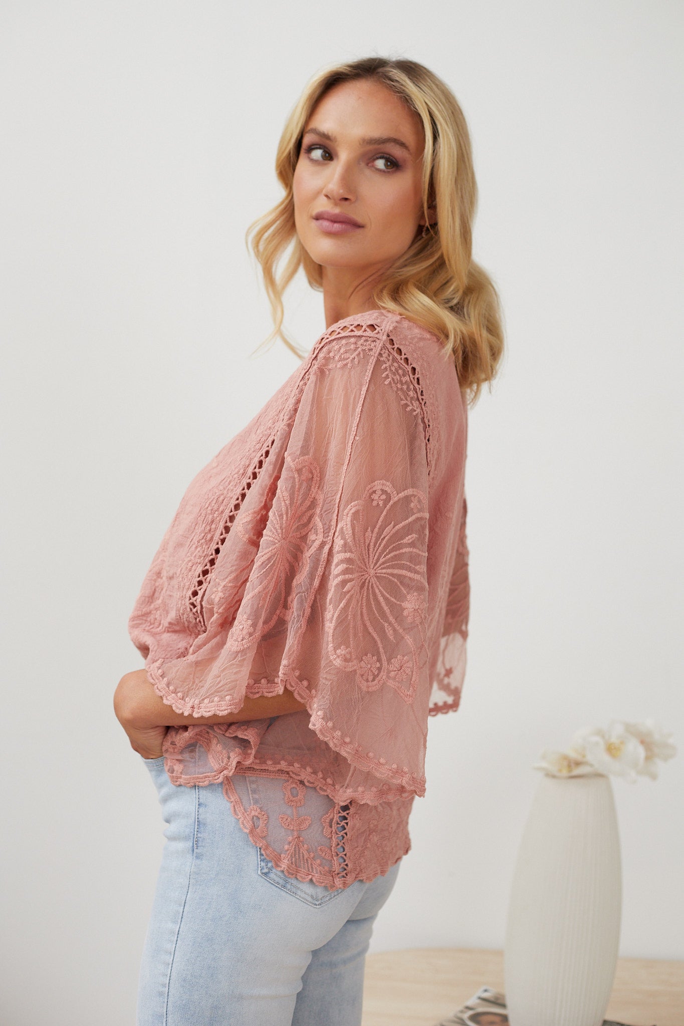 Gabrielle Top Pink | Women's Lace Embroidery Blouse