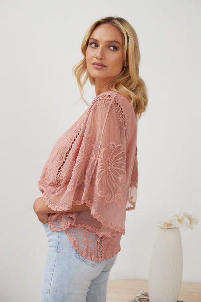 Gabrielle Top Pink | Women's Lace Embroidery Blouse