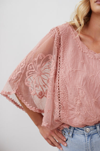 Gabrielle Top Pink | Women's Lace Embroidery Blouse