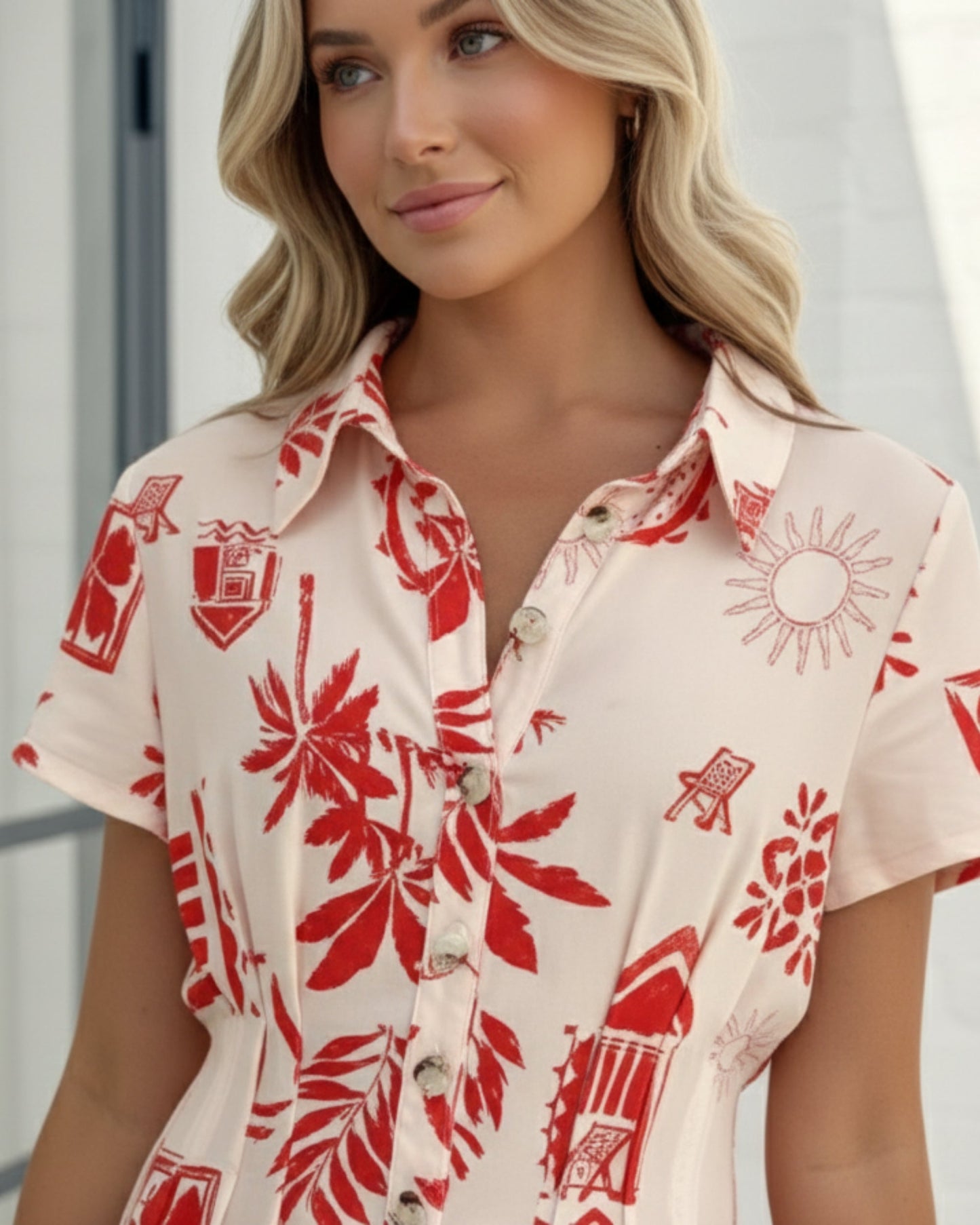 Hanae Cream Multi Dress | Women's Tropical Shirt Dress