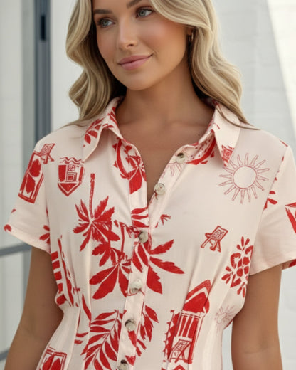 Hanae Cream Multi Dress | Women's Tropical Shirt Dress