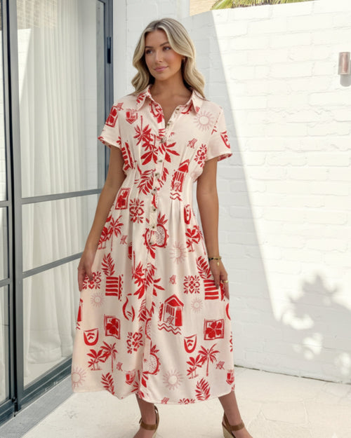 Hanae Cream Multi Dress | Women's Tropical Shirt Dress