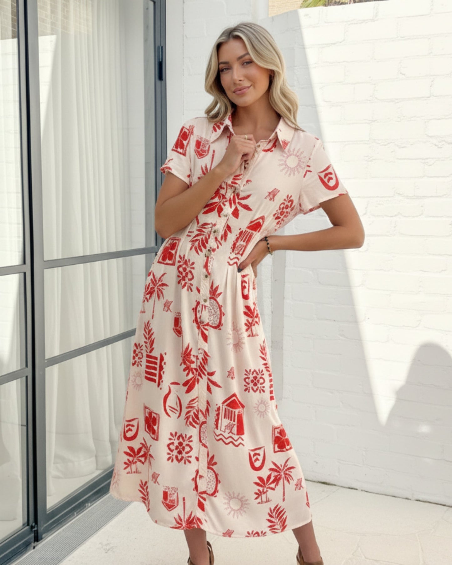 Hanae Cream Multi Dress | Women's Tropical Shirt Dress