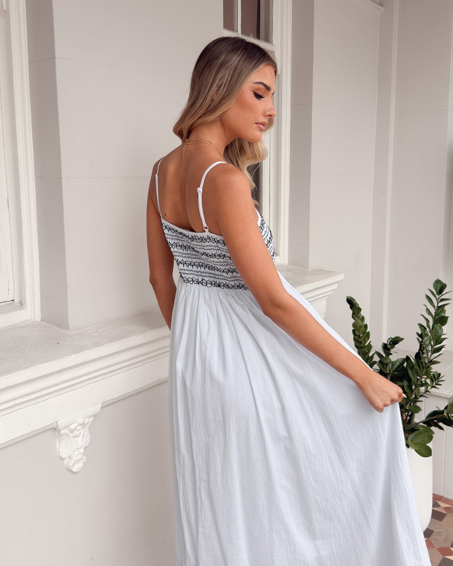 Ilyndra Dress - White Multi | Women's Shirred Maxi Dress