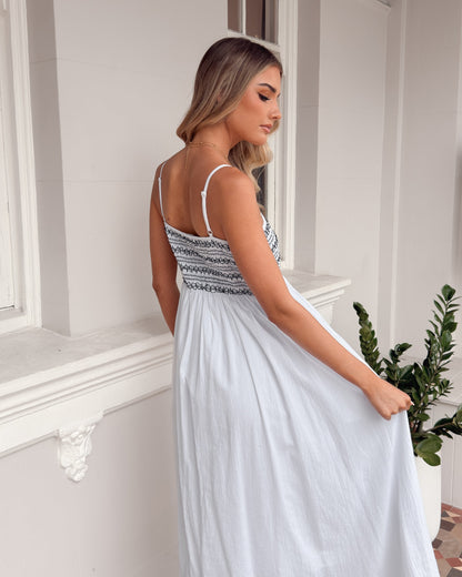 Ilyndra Dress - White Multi | Women's Shirred Maxi Dress