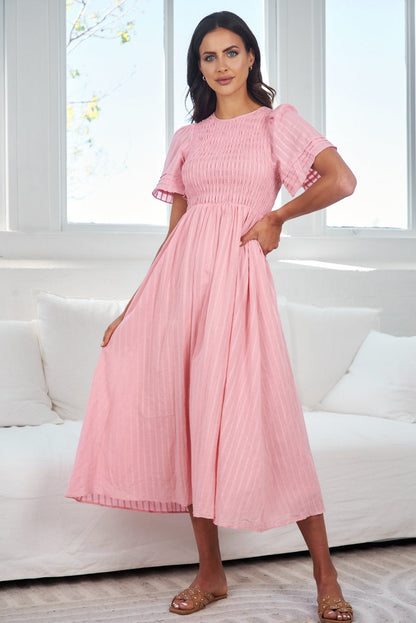 Iolana Dress Pink | Women's Cotton Smock Midi Dress