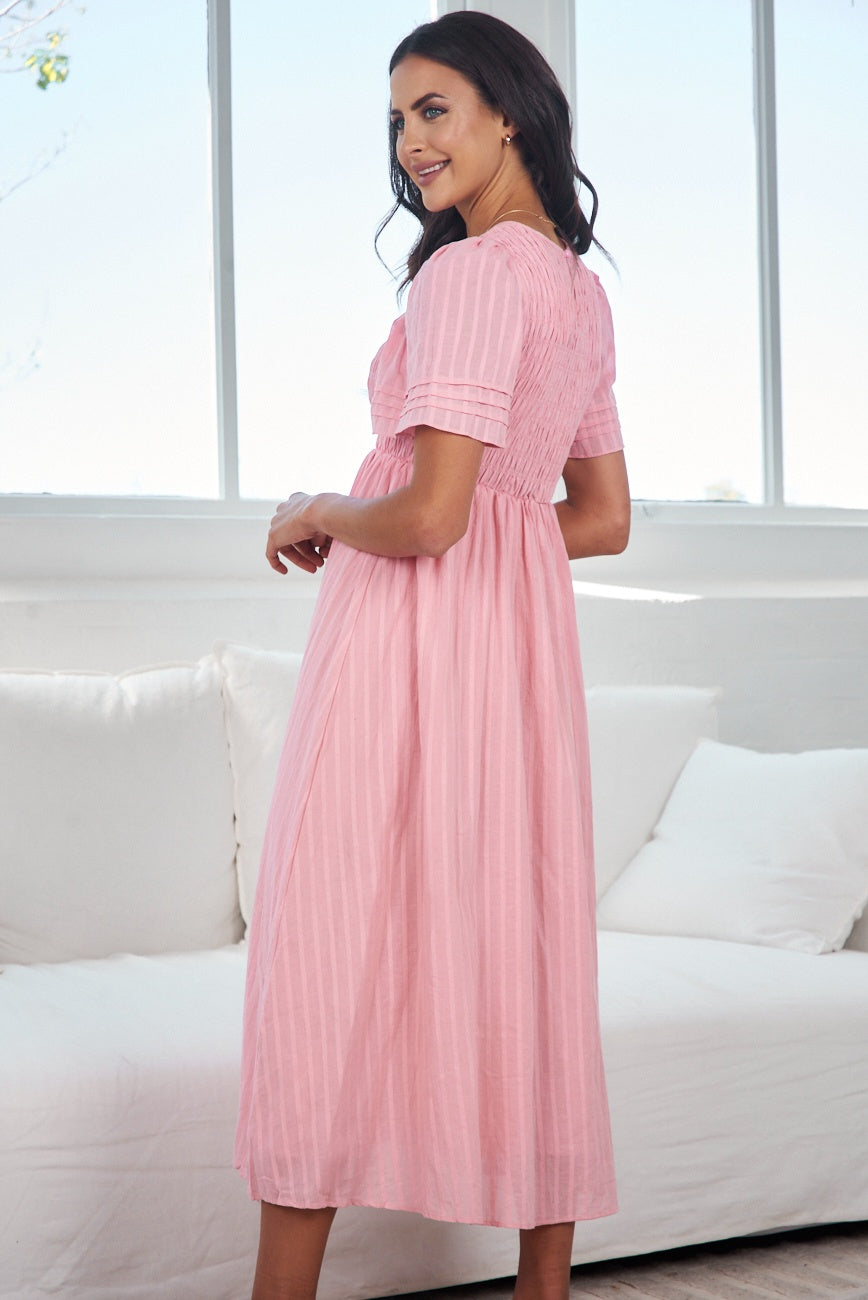 Iolana Dress Pink | Women's Cotton Smock Midi Dress