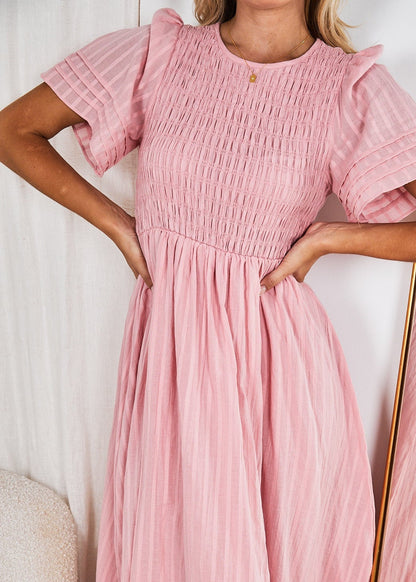 Iolana Dress Pink | Women's Cotton Smock Midi Dress