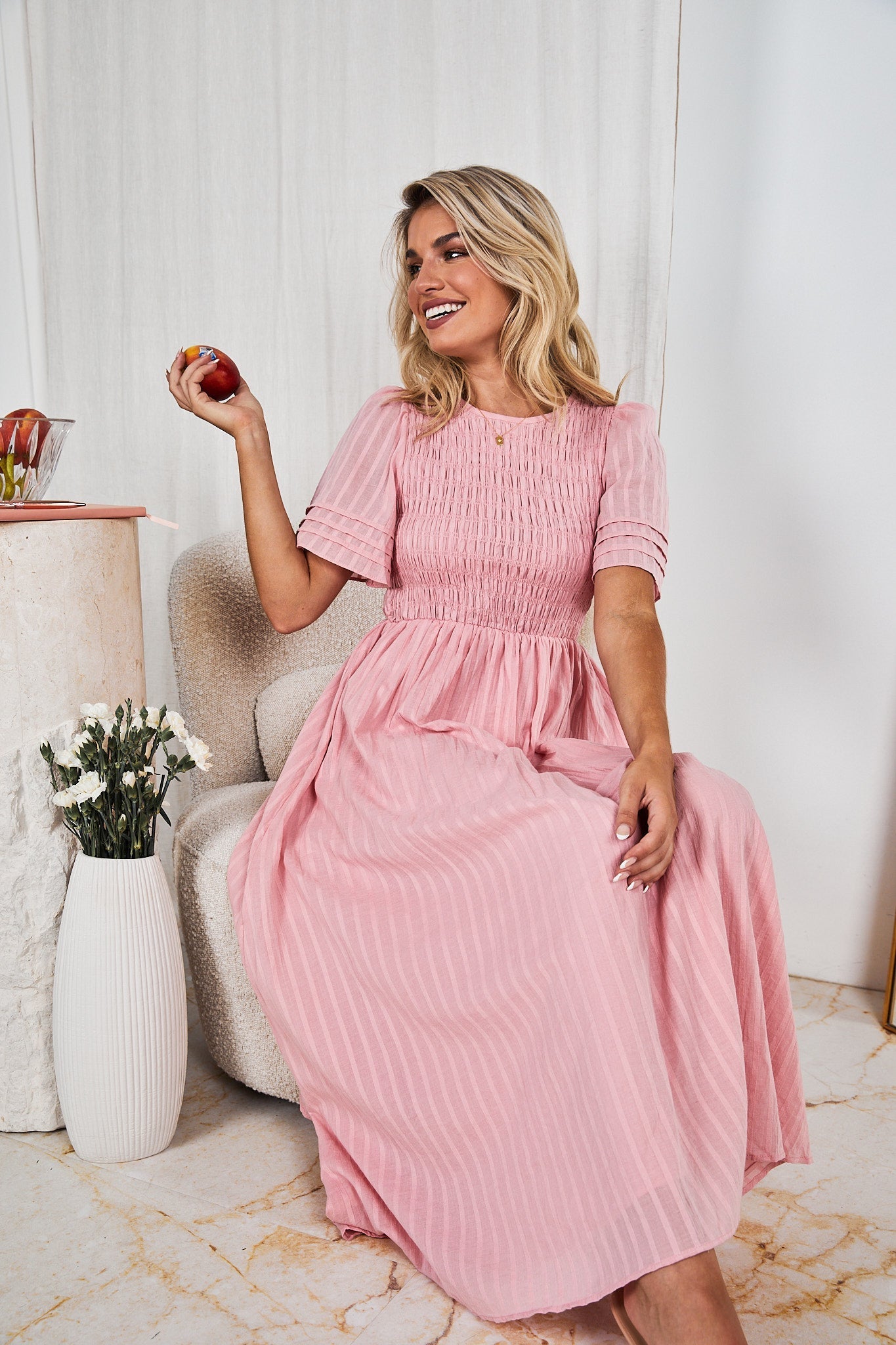 Iolana Dress Pink | Women's Cotton Smock Midi Dress