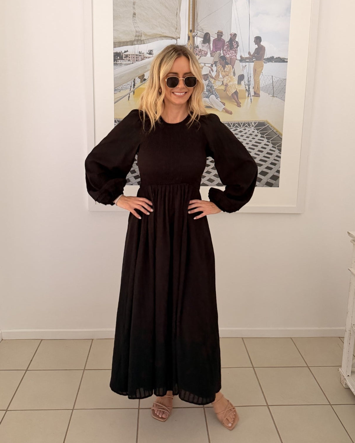 Iolana Dress - Black Long Sleeve | Women's Cotton Midi Dress