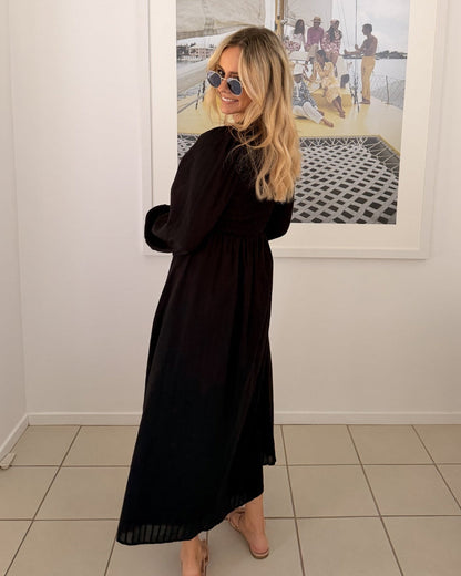 Iolana Dress - Black Long Sleeve | Women's Cotton Midi Dress