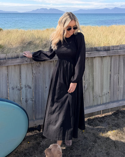 Iolana Dress - Black Long Sleeve | Women's Cotton Midi Dress