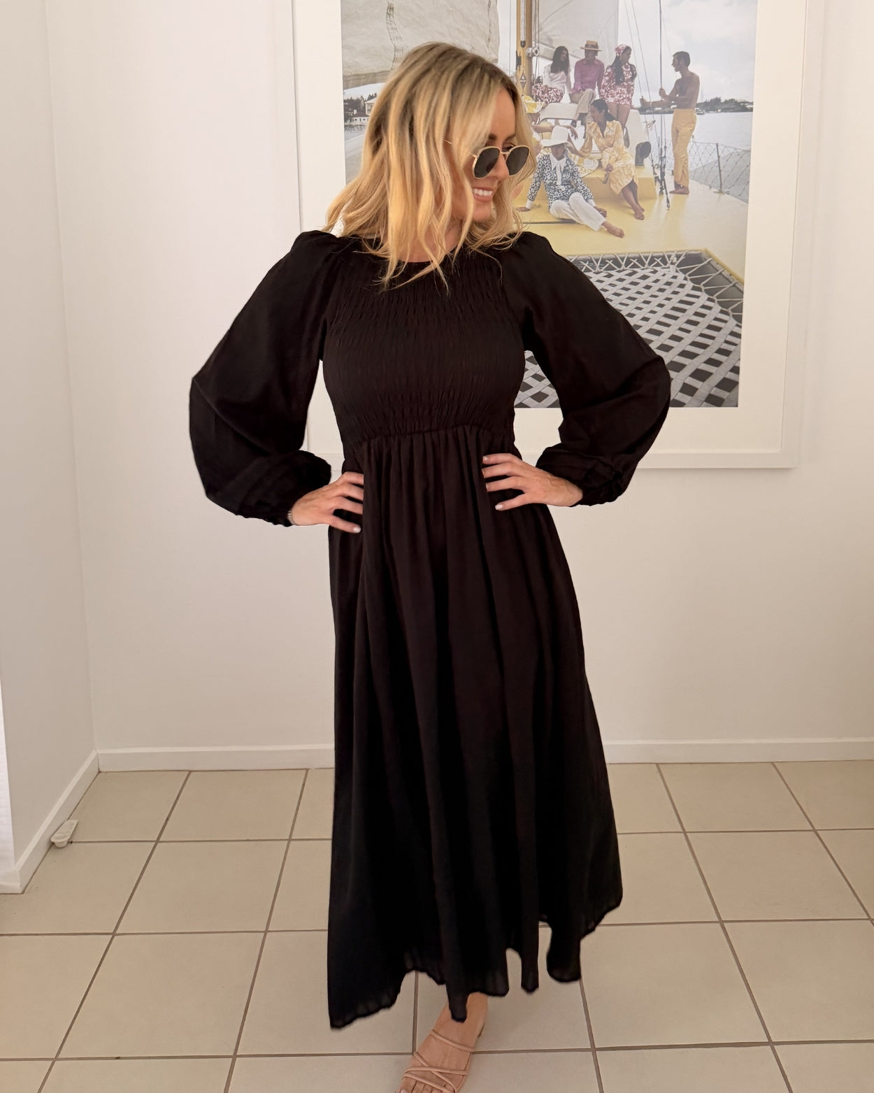 Iolana Dress - Black Long Sleeve | Women's Cotton Midi Dress