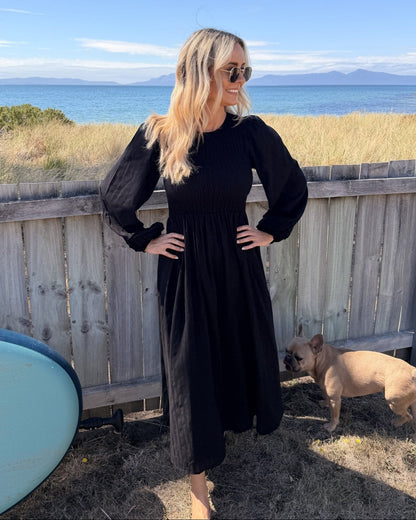 Iolana Dress - Black Long Sleeve | Women's Cotton Midi Dress