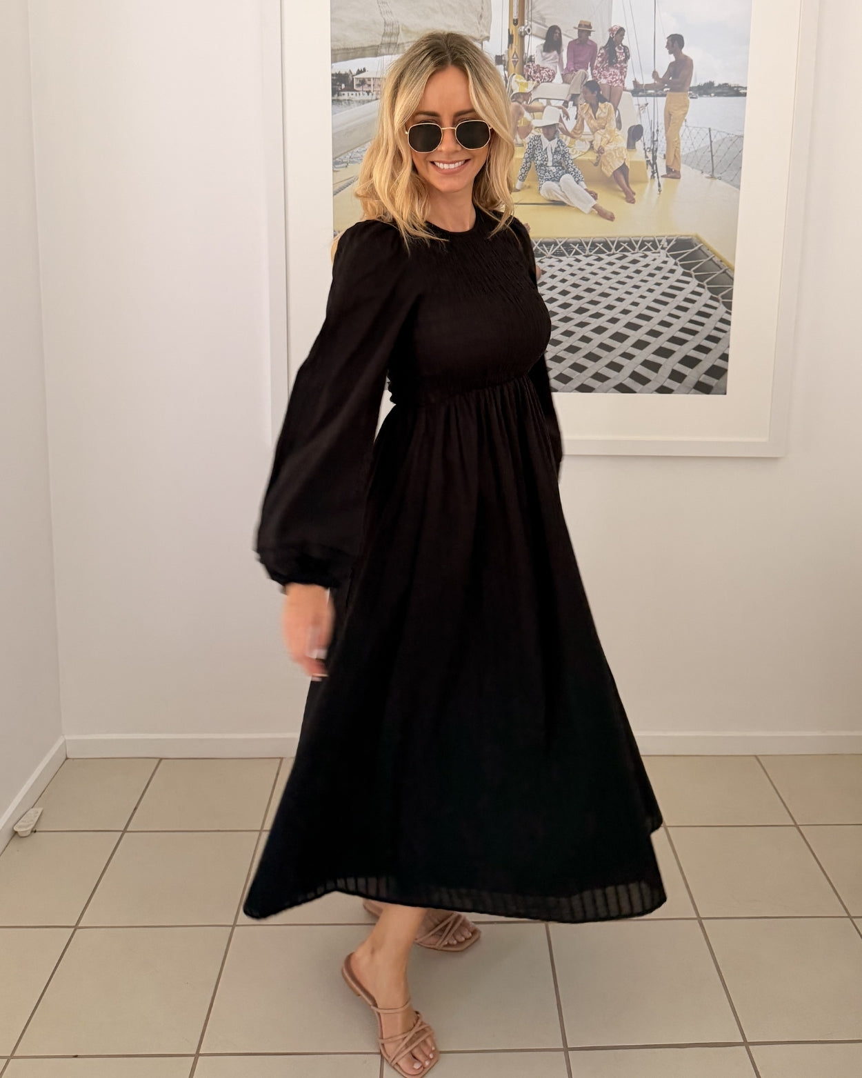 Iolana Dress - Black Long Sleeve | Women's Cotton Midi Dress