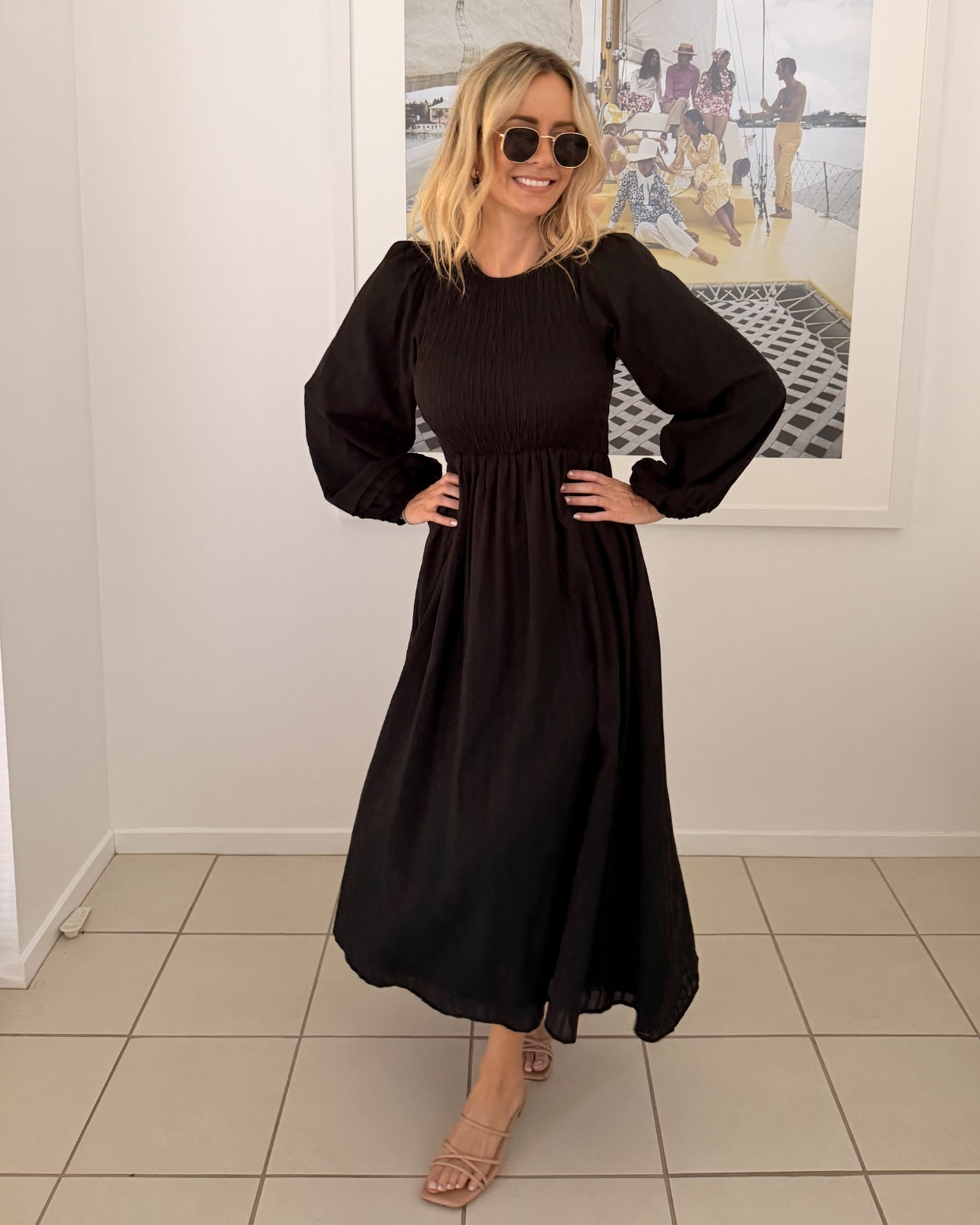 Iolana Dress - Black Long Sleeve | Women's Cotton Midi Dress