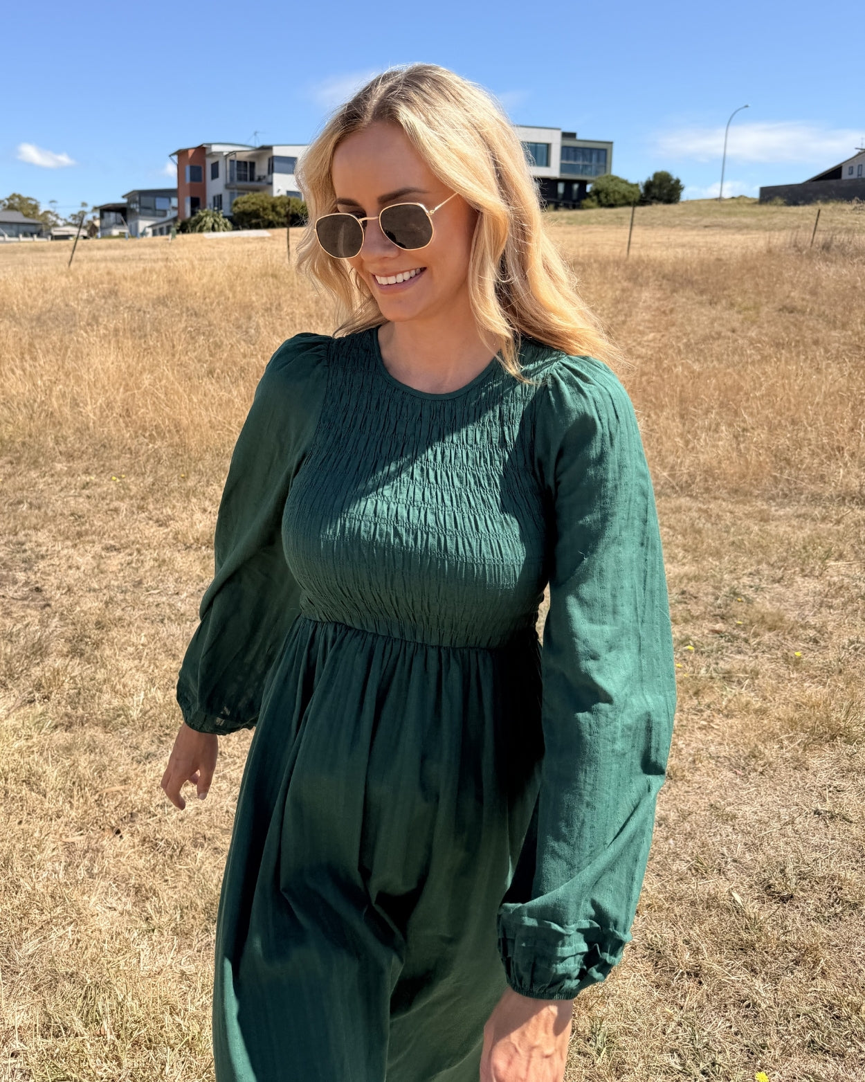 Iolana Dress Deep Green Long Sleeve | Women's Cotton Midi Dress