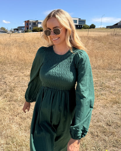 Iolana Dress Deep Green Long Sleeve | Women's Cotton Midi Dress