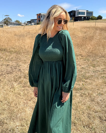 Iolana Dress Deep Green Long Sleeve | Women's Cotton Midi Dress
