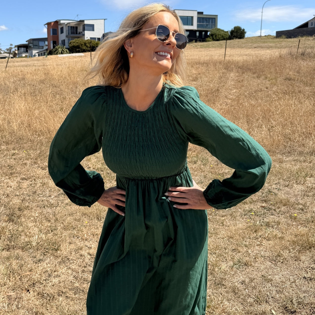 Iolana Dress Deep Green Long Sleeve | Women's Cotton Midi Dress