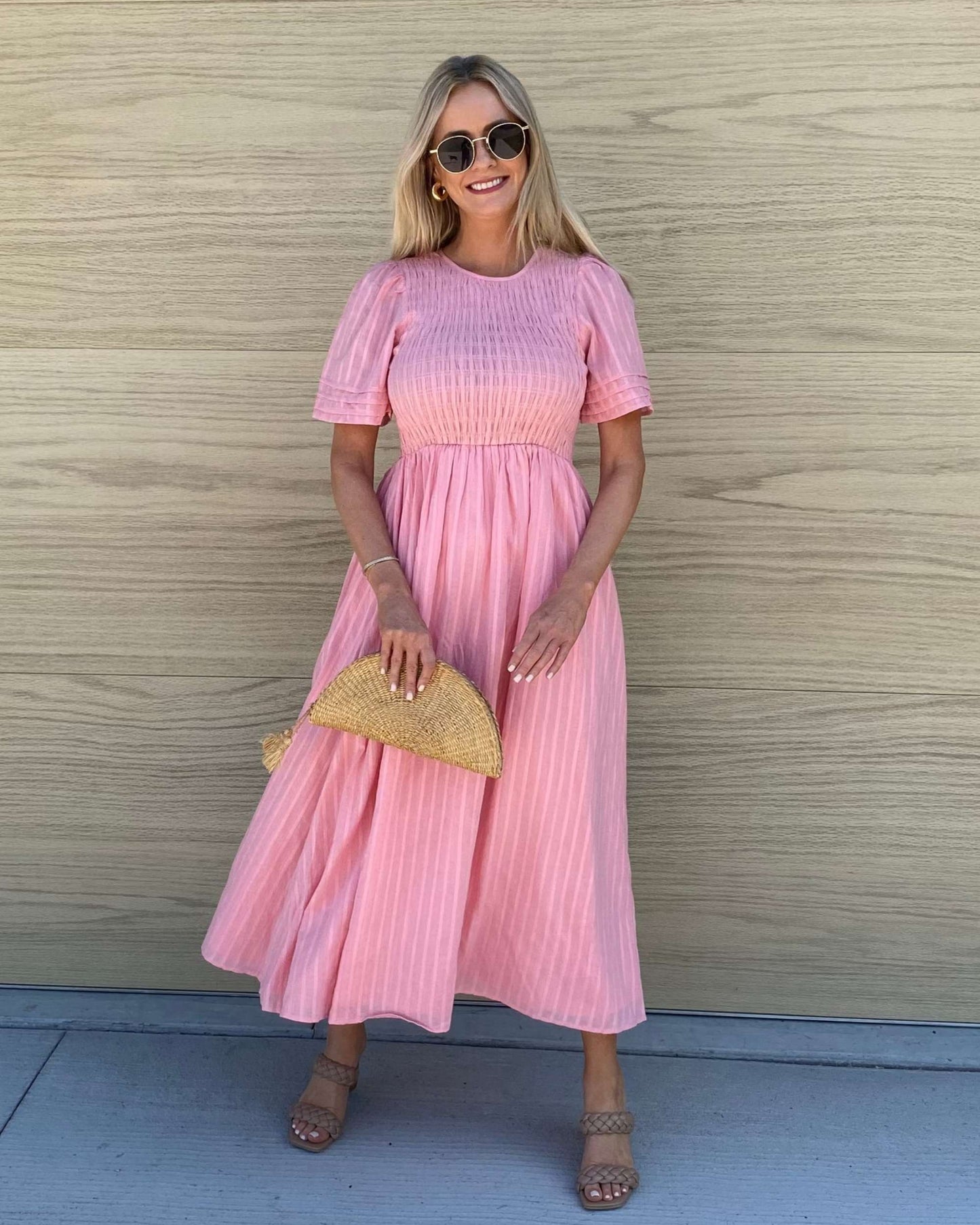 Iolana Dress Pink | Women's Cotton Smock Midi Dress