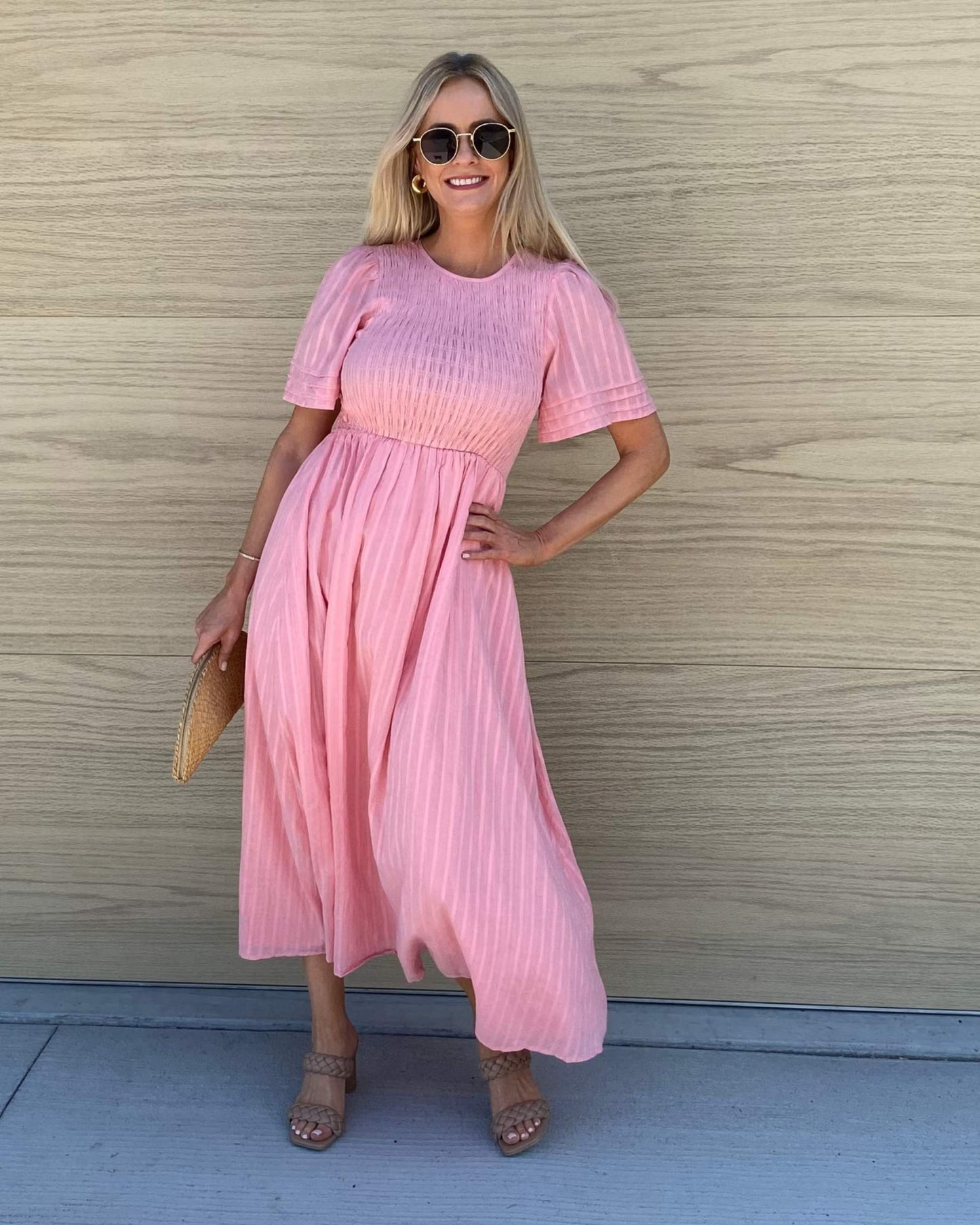 Iolana Dress Pink | Women's Cotton Smock Midi Dress