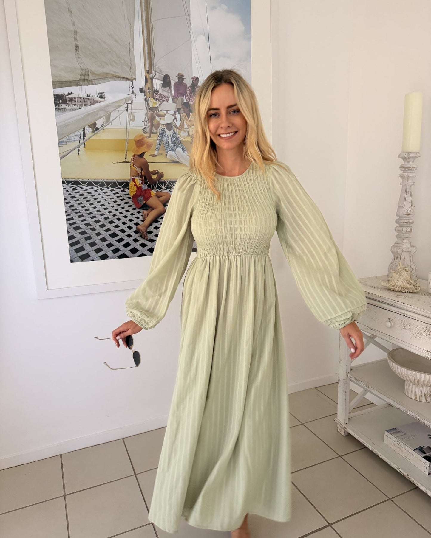 Iolana Dress - Soft Khaki Long Sleeve | Women's Cotton Midi Dress