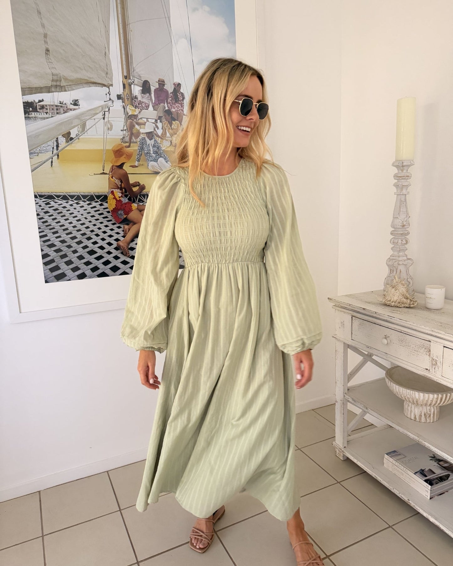 Iolana Dress - Soft Khaki Long Sleeve | Women's Cotton Midi Dress