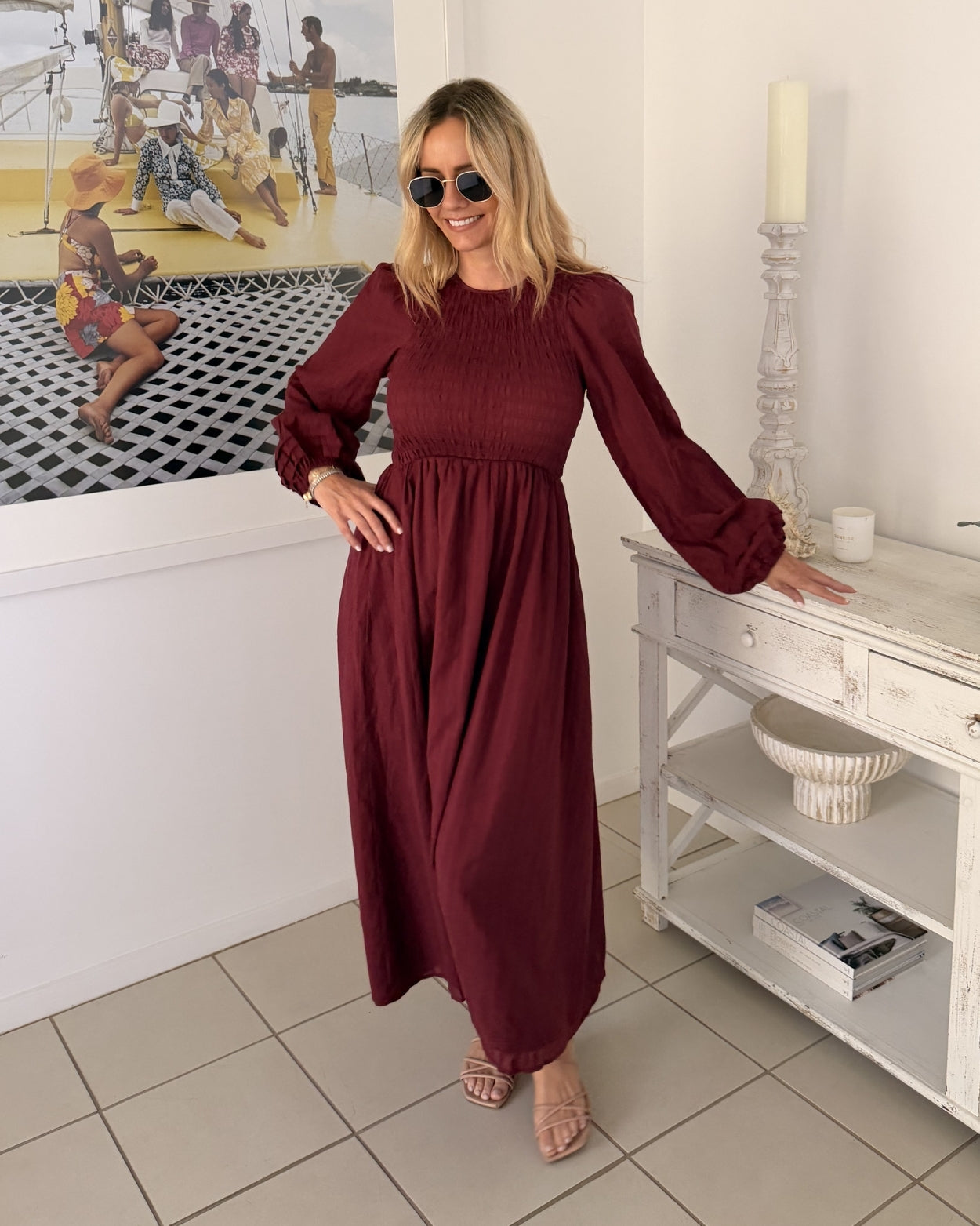 Iolana Dress - Wine Long Sleeve | Women's Cotton Midi Dress