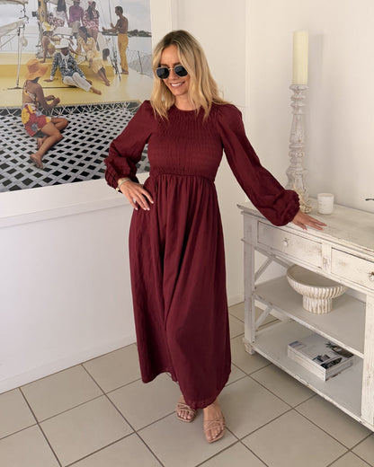 Iolana Dress - Wine Long Sleeve | Women's Cotton Midi Dress