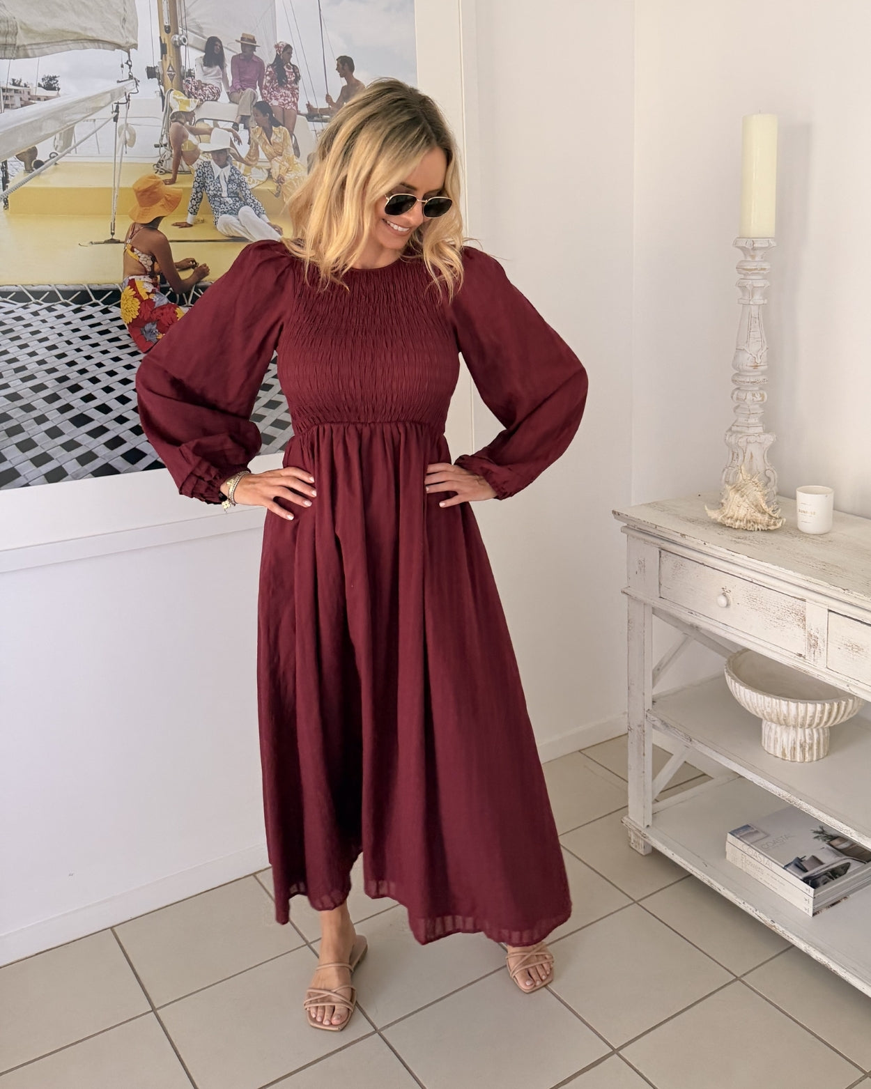 Iolana Dress - Wine Long Sleeve | Women's Cotton Midi Dress